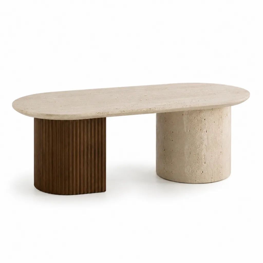Couchtisch 120 x 60 x 40 cm aus Travertin und Walnussfurnier oval Beige Braun