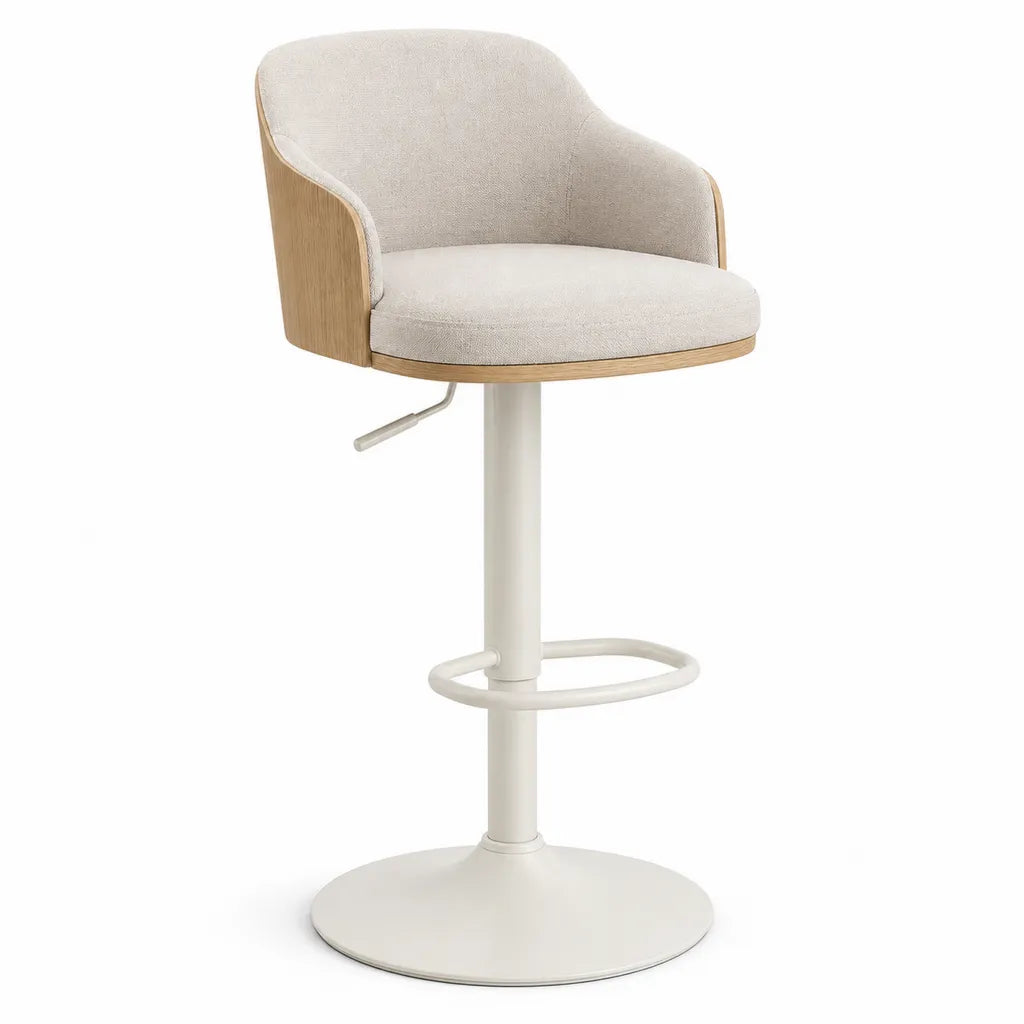 Hohenverstellbarer drehbarer Barhocker mit Armlehnen 55 x 55 x 89-109 cm Polyesterbezug Eichenfurnier Beige Natur Weiss