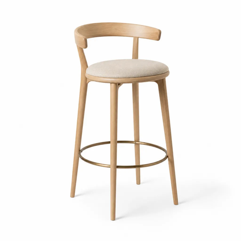 Barhocker mit Ruckenlehne aus massivem Eichenholz und Polyesterbezug Beige 52 x 50 x 96 cm