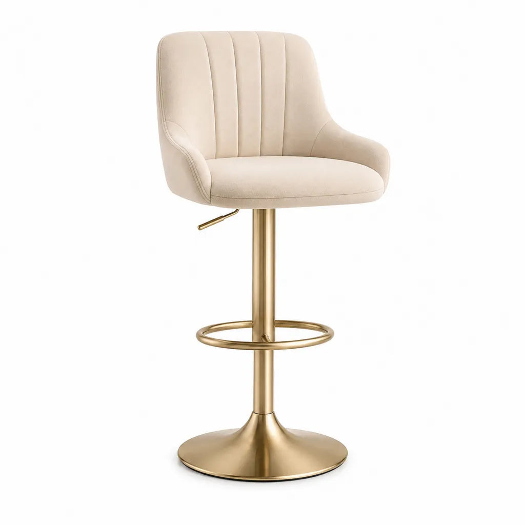Barhocker hohenverstellbar mit Ruckenlehne Polyester-Samt rund Creme Gold 52 x 54 x 91-111 cm