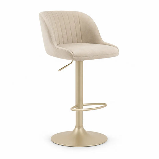 Barhocker mit Ruckenlehne hohenverstellbar aus Polyester-Samt in Beige mit rundem Stahlfuss 50 x 54 x 91 112 cm