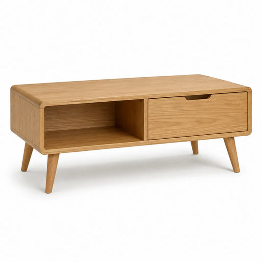 Couchtisch mit Schublade und offenem Fach 100 x 50 x 45 cm MDF mit Eichenfurnier rechteckig Natur