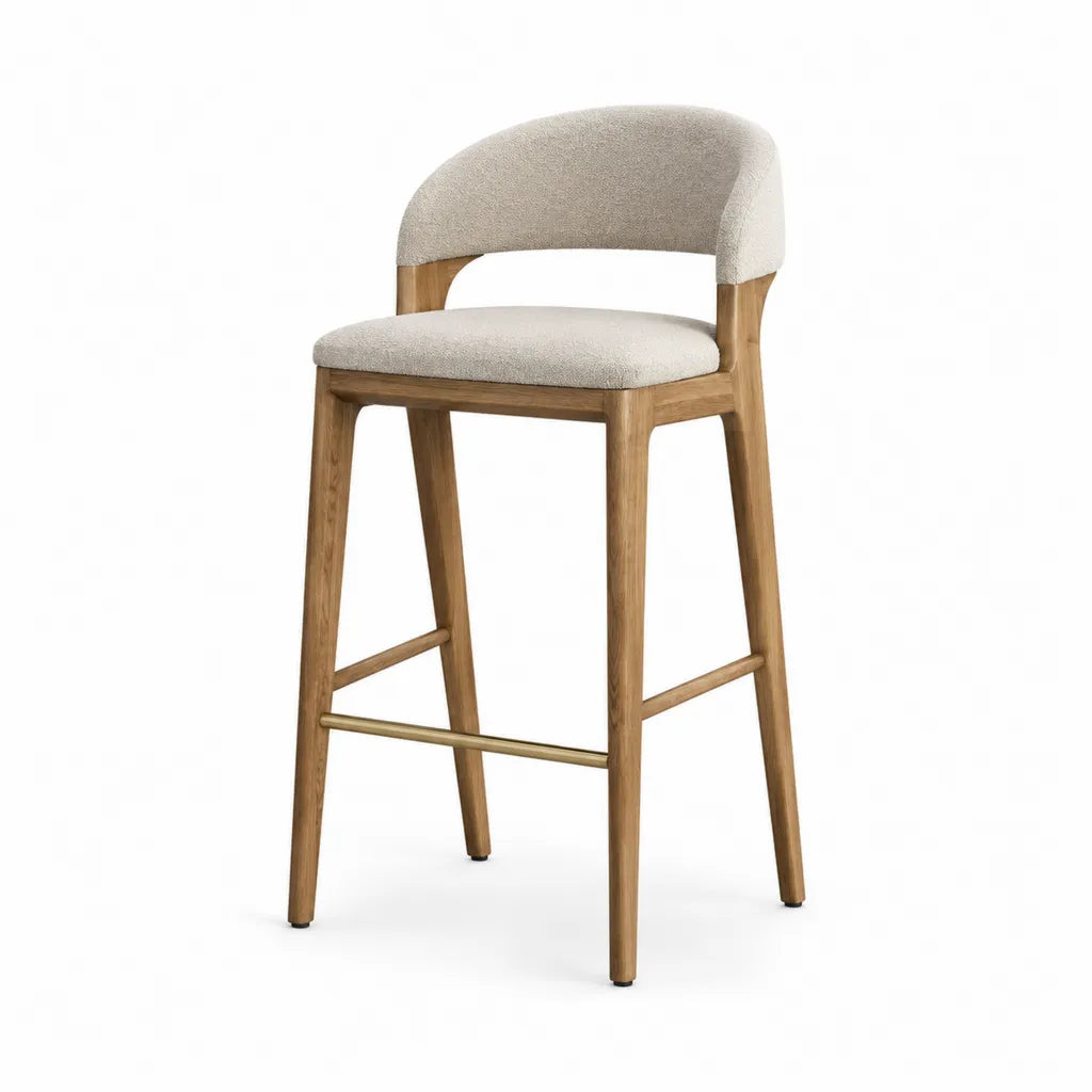 Barhocker mit Ruckenlehne aus massivem Eichenholz und Bouclebezug in Beige 52 x 53 x 96 cm