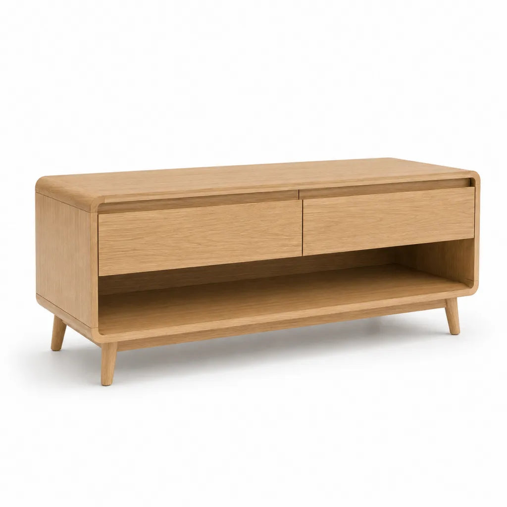 Couchtisch rechteckig 120 x 60 x 45 cm mit 2 Schubladen und Ablage aus MDF mit Eichenfurnier natur
