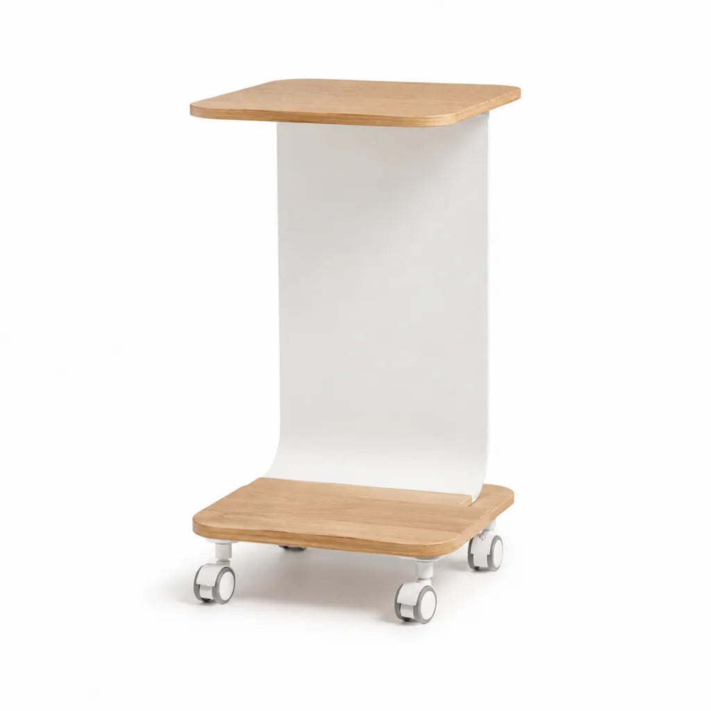 Beistelltisch auf Rollen 50 x 35 x 65 cm aus Bambus-Sperrholz und Stahl Weiss Natur
