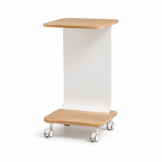 Beistelltisch auf Rollen 50 x 35 x 65 cm aus Bambus-Sperrholz und Stahl Weiss Natur