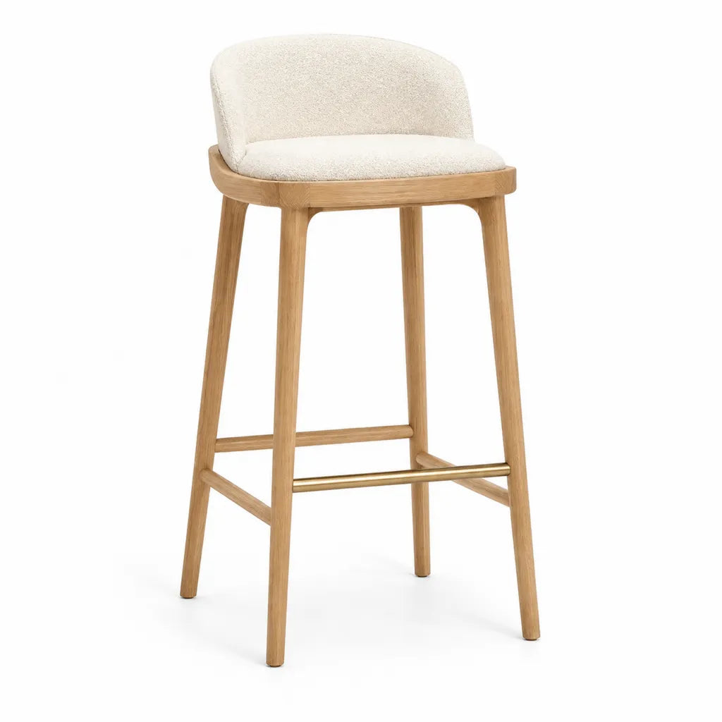 Barhocker mit Ruckenlehne aus massiver Eiche mit Boucle-Polyester in Creme 50 x 48 x 99 cm