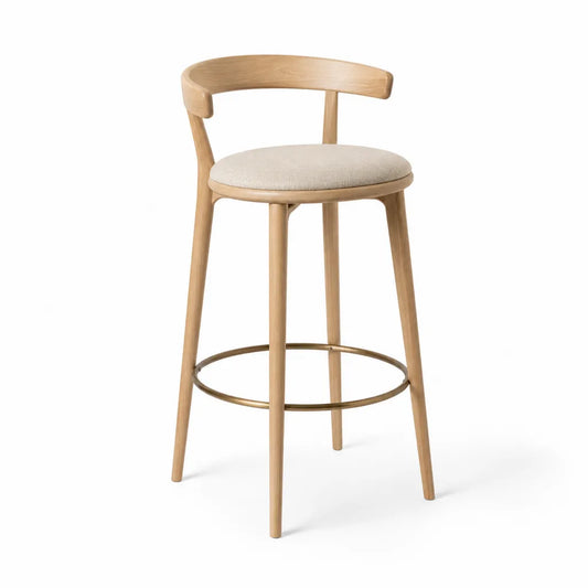 Barhocker mit Ruckenlehne aus massivem Eichenholz und Polyesterbezug Beige 52 x 50 x 96 cm