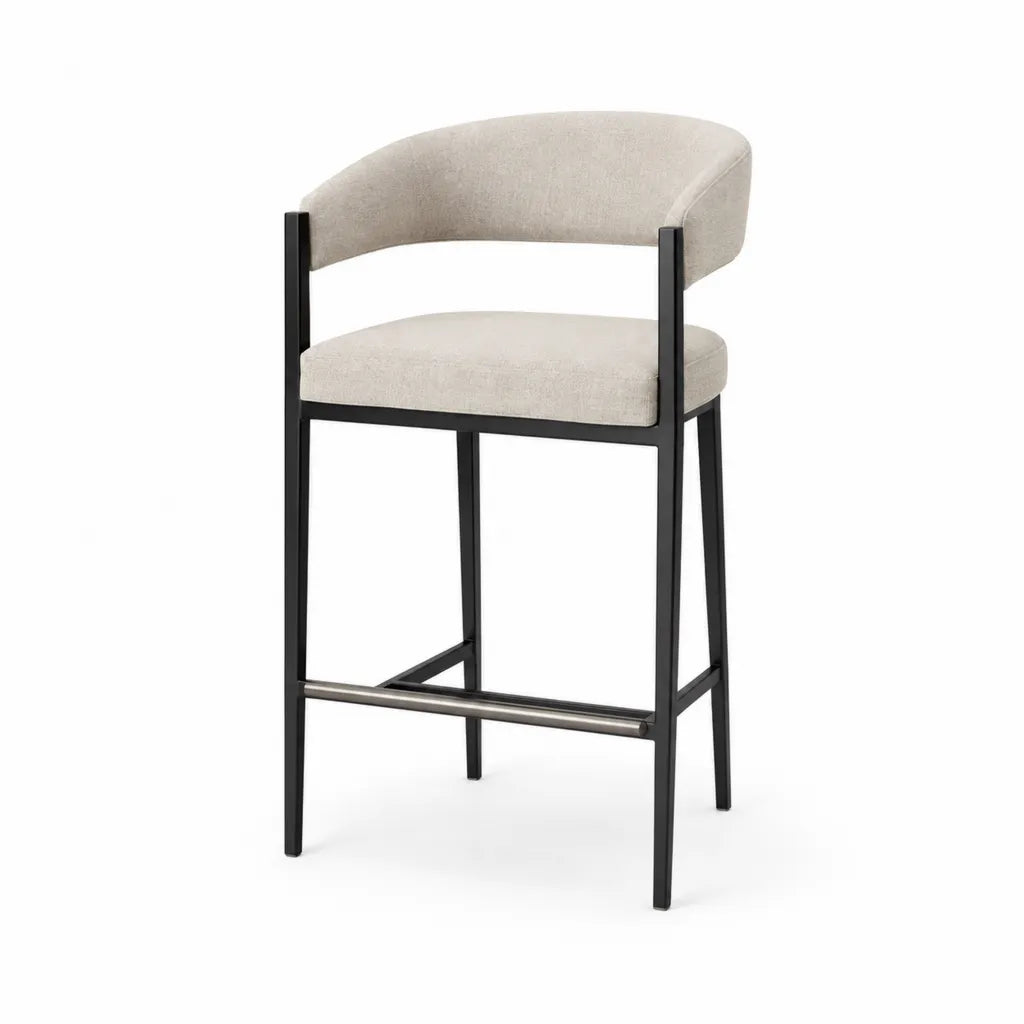 Barhocker mit Ruckenlehne und Fussstutze 50 x 52 x 95 cm Stahl Polyester Beige Schwarz