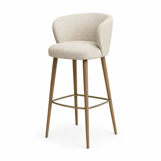 Barhocker mit Ruckenlehne aus Boucle-Polyester und Massivholz in Creme 48 x 52 x 100 cm