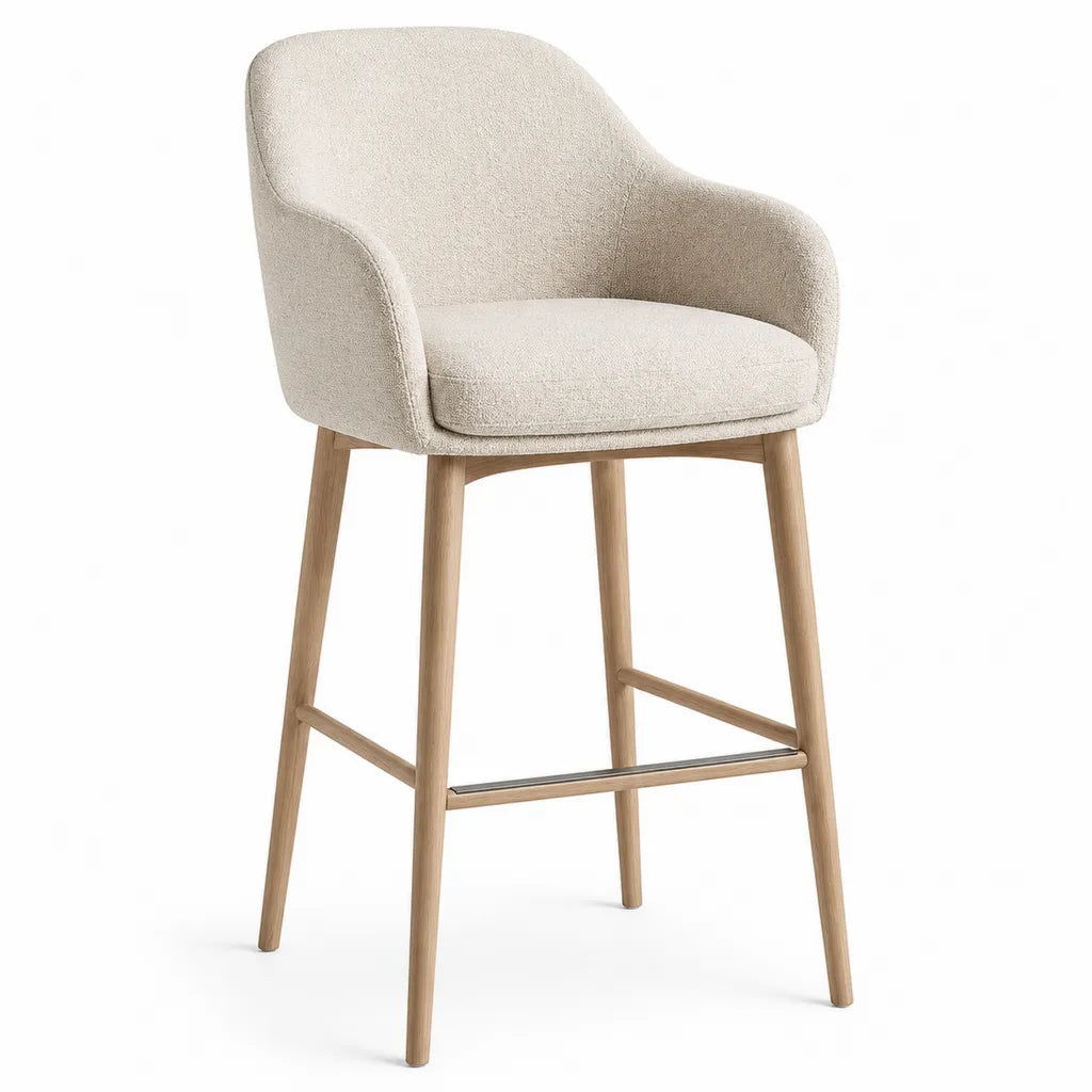 Barhocker mit Armlehnen Boucle-Polyesterbezug Eichenholzgestell Creme 55 x 53 x 100 cm